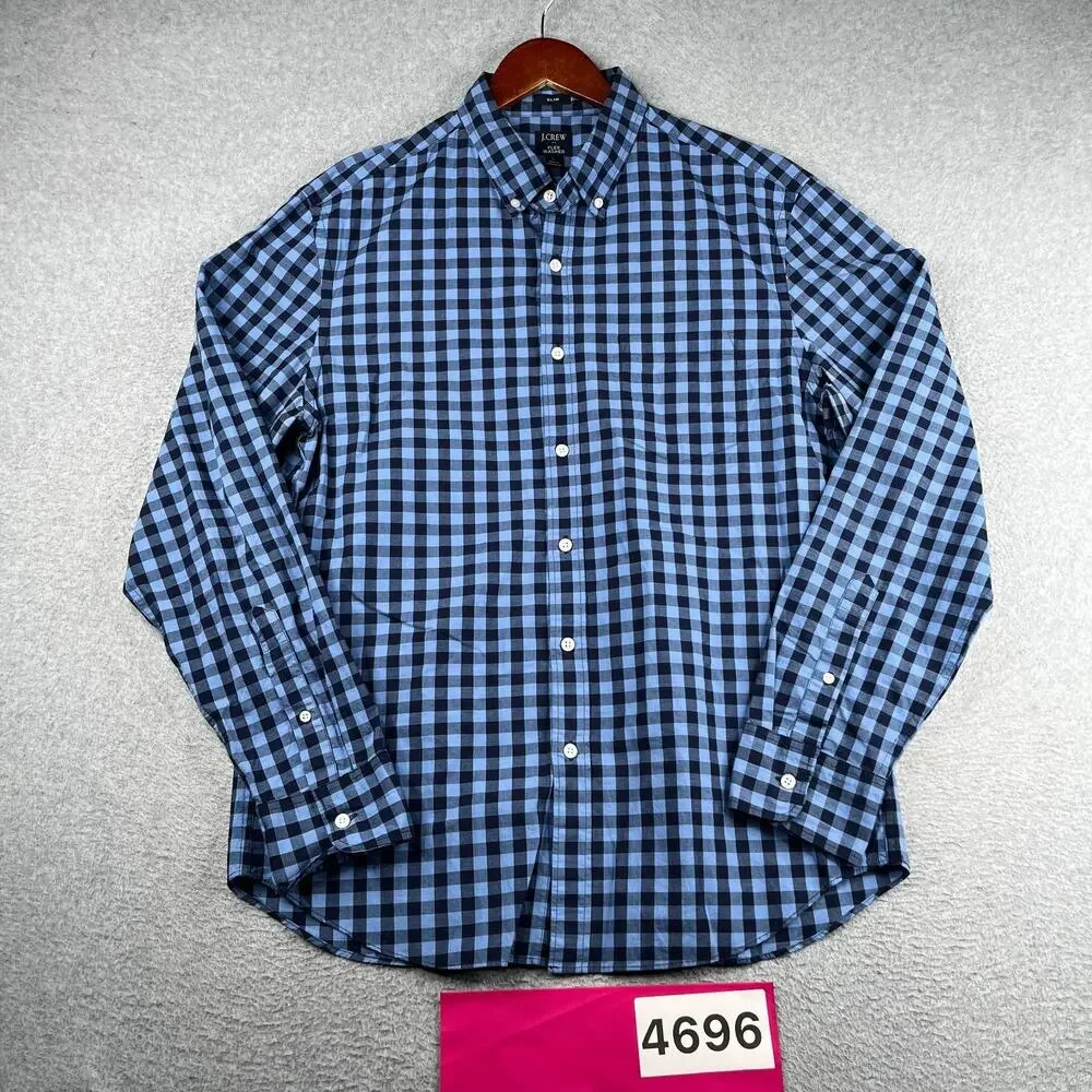 J Crew Flex Washed Slim Shirt Blue Navy Gingham Check Button Up Long Sleeve L